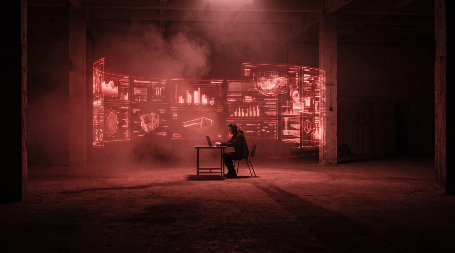 A person at a desk in a dark room, surrounded by floating panels of live data.